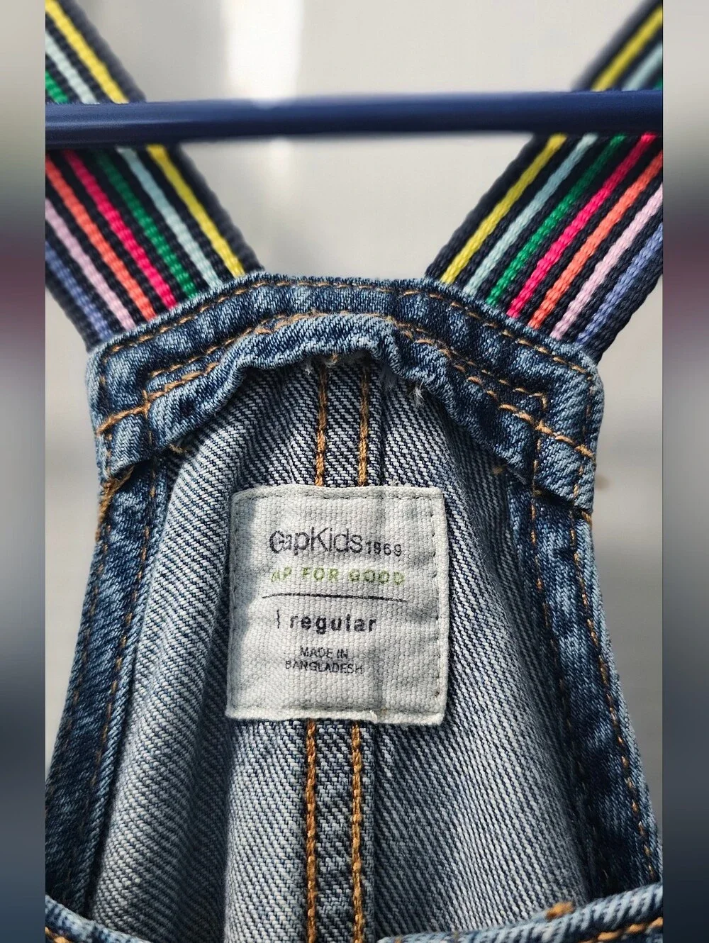 GAP Blue Denim Overalls with Multicolor Striped Straps